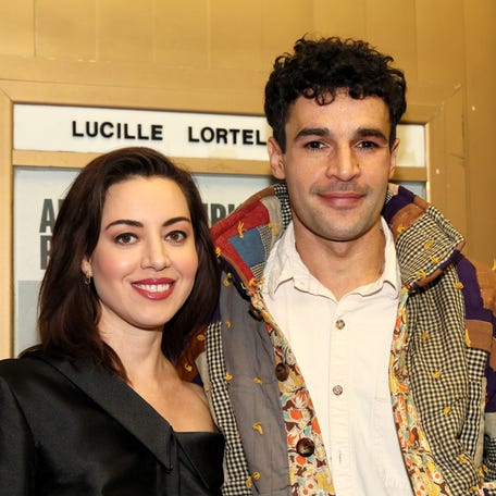Aubrey Plaza and Christopher Abbott attend "Danny And The Deep Blue Sea" opening night at Lucille Lortel Theatre on Nov. 13, 2023, in New York City.