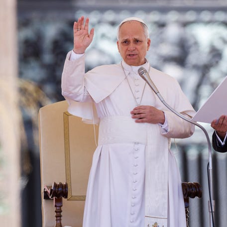 Pope Leo XIV gives a blessing at the end of the weekly general audience in Saint Peter's Square at the Vatican April 8, 2026.