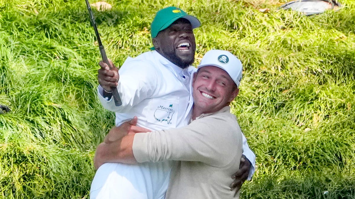 Comedian Kevin Hart was caddie for pro golfer Bryson DeChambeau during the Par 3 Contest at the Masters Tournament at Augusta National Golf Club.