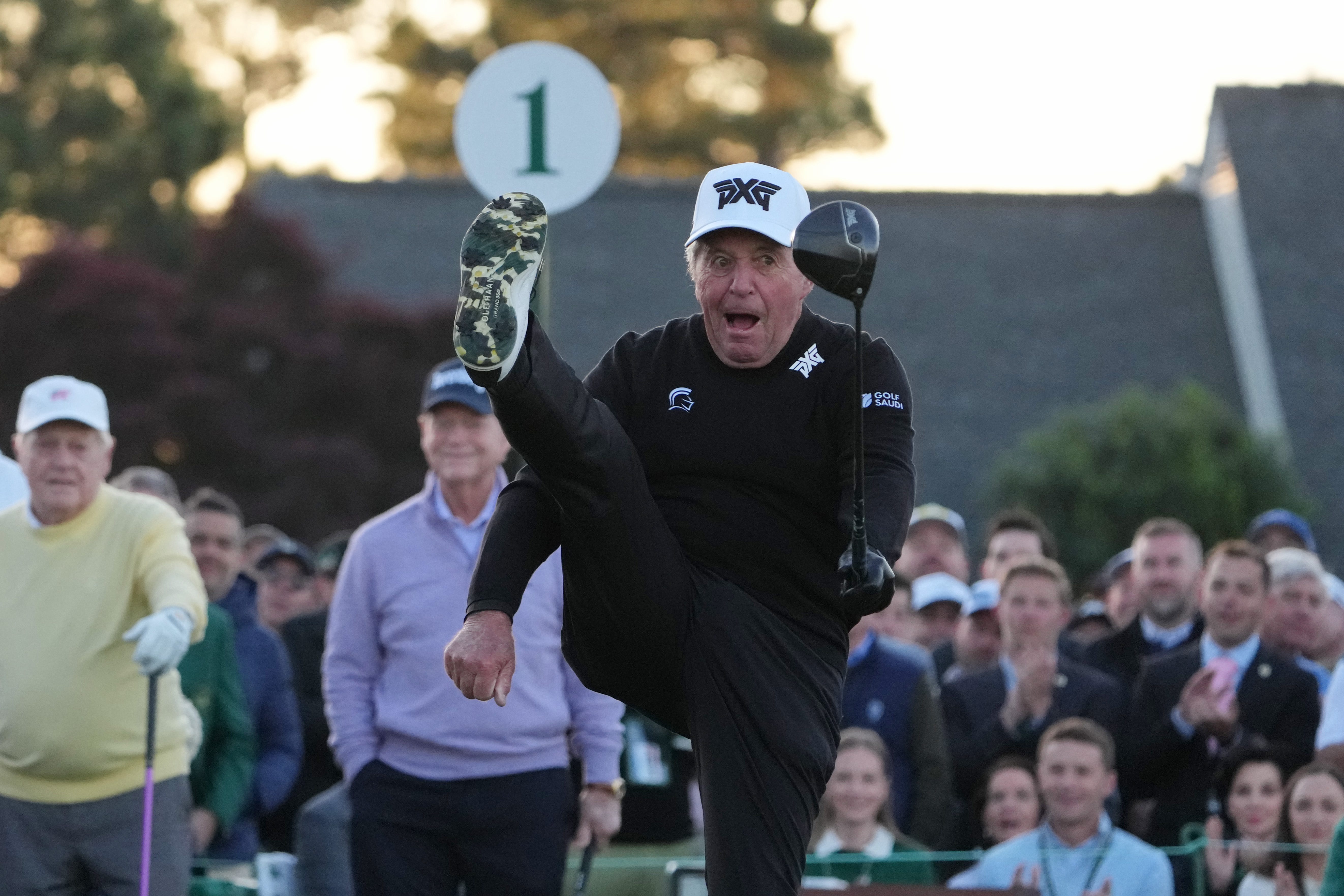 Former champions Jack Nicklaus, Tom Watson and Gary Player − with 11 green jackets among them − hit ceremonial first tee shots to open 90th Masters.