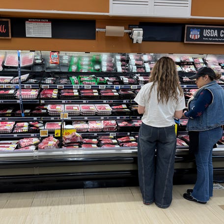 Customers shop for beef at a grocery store on April 6, 2026 in Los Angeles, California.
