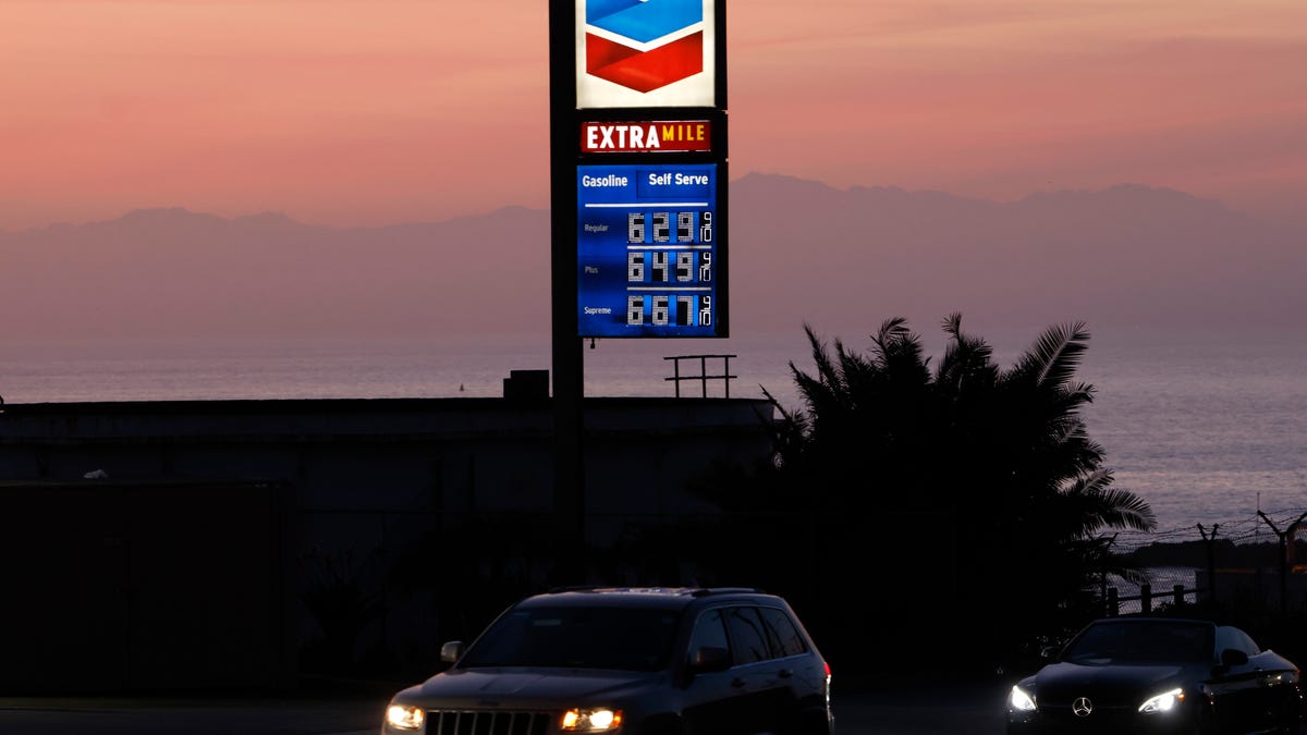 EL SEGUNDO, CALIFORNIA - APRIL 08: High gas prices are displayed at a Chevron gas station near the Pacific Ocean on April 8, 2026 in El Segundo, California. (Photo by Mario Tama/Getty Images)