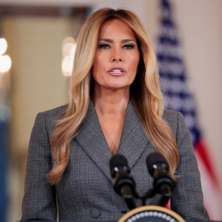 First lady Melania Trump delivers remarks at the White House in Washington, DC, on April 9, 2026.