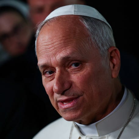 Pope Leo XIV speaks to the media on the U.S.–Israeli conflict with Iran, as he leaves the papal residence to head back to the Vatican, in Castel Gandolfo, Italy, April 7, 2026. REUTERS/Guglielmo Mangiapane