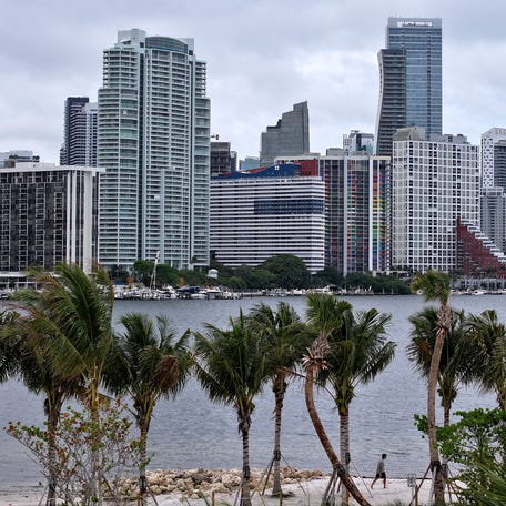 In an aerial view, the City of Miami skyline on May 12, 2025 in Miami, Fla.