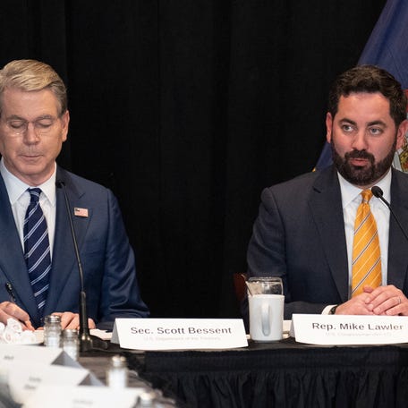 Secretary of the Treasury Scott Bessent, left, and Congressman Mike Lawler (NY-17) along with local business owners attend an economic roundtable at Hill Blvd Diner on Friday, April 10, 2026. The visit is to highlight the impact of pro-growth economic policies on New York businesses, including the benefits of the Working Families Tax Cuts Act for the 17th District.