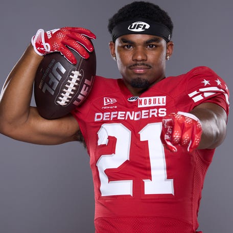 DC Defenders safety Gabriel Taylor poses for a photo at the team's media day.