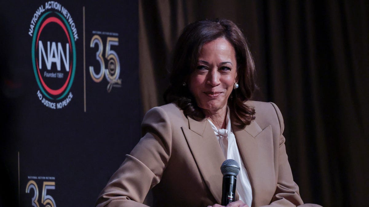 Former Vice President Kamala Harris reacts during the National Action Network (NAN) Convention in New York City on April 10, 2026.