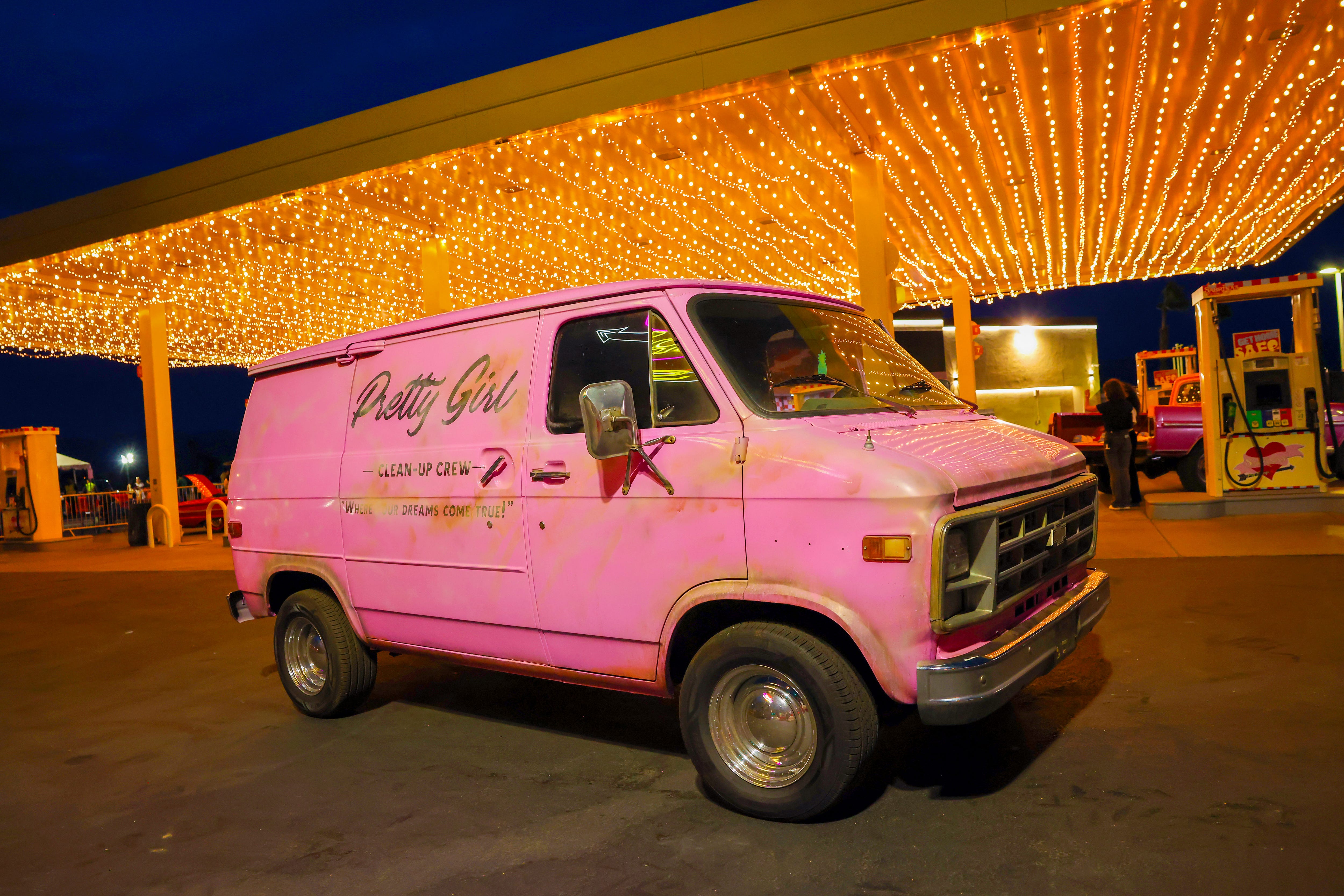 Vintage cars added to the retro roadside vibe of "Sabrina’s Pit Stop" in Indio, California.