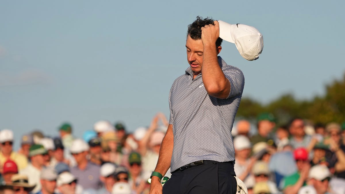 Rory McIlroy on the 18th green at the 2026 Masters Tournament at Augusta National Golf Club.