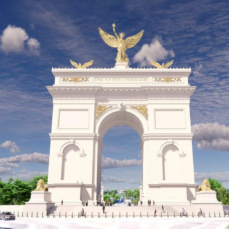 An artist's rendering of U.S. President Donald Trump's proposed 'Independence Arch' is seen in this handout obtained on April 10, 2026. U.S. Commission on Fine Arts/Handout