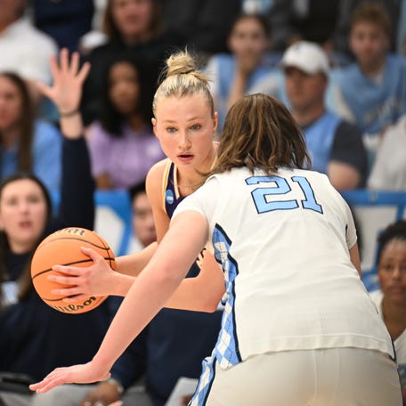 Forward Mia Nicastro #22 of the Western Illinois Leathernecks looks to pass during the first half of the game against the North Carolina Tar Heels at Carmichael Arena on March 20, 2026 in Chapel Hill, North Carolina.