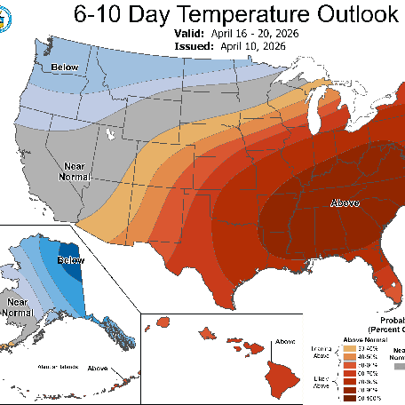 A Climate Prediction Center forecast generated on April 10 shows above average weather in the forecast in mid-April across much of the eastern US.