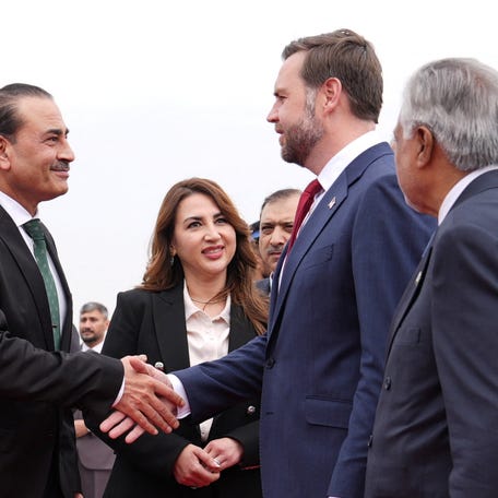 U.S. Vice President JD Vance shakes hands with Pakistan's Chief of Defence Forces and Chief of Army Staff Field Marshall Asim Munir as Charge d'Affaires of the U.S. Embassy in Islamabad Natalie A. Baker and Pakistani Deputy Prime Minister and Foreign Minister Mohammad Ishaq Dar look on, after arriving for talks with Iranian officials in Islamabad, Pakistan, Saturday, April 11, 2026.
