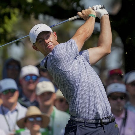 Rory McIlroy tees off on the fourth hole during the third round of the Masters Tournament at Augusta National Golf Club on Apr 11, 2026.