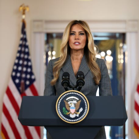 First lady Melania Trump delivers a statement in the White House on April 9, 2026.