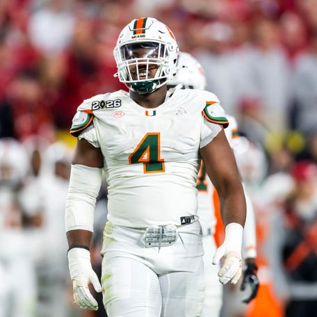 Miami Hurricanes defensive lineman Rueben Bain Jr. is shown on the field during the College Football Playoff National Championship game on Jan. 19 at Hard Rock Stadium in Miami Gardens, Florida.