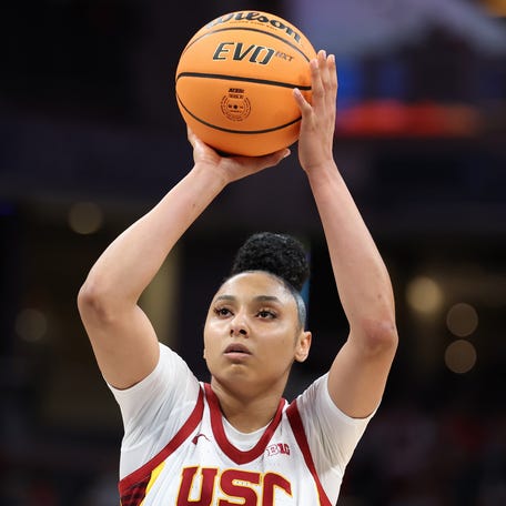 INDIANAPOLIS, INDIANA - MARCH 09: JuJu Watkins #12 of the USC Trojans shoots the ball against the UCLA Bruins during the Big Ten Women's Basketball Tournament - Championship game at Gainbridge Fieldhouse on March 09, 2025 in Indianapolis, Indiana. (Photo by Andy Lyons/Getty Images)