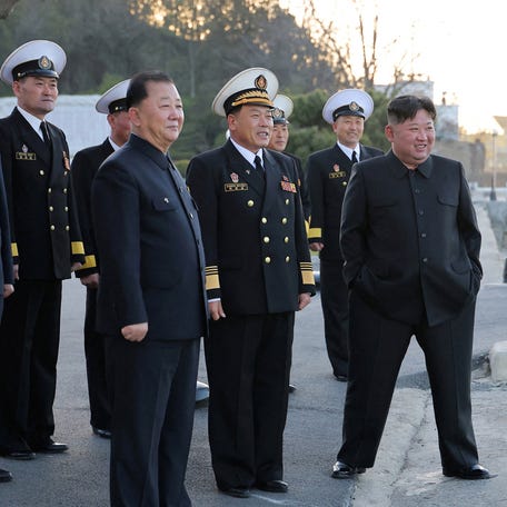 North Korean leader Kim Jong Un observes a test-fire of strategic cruise missiles and anti-warship missiles from the destroyer Choe Hyon, North Korea, April 12, 2026, in this photo released by North Korea's Korean Central News Agency (KCNA), April 14, 2026.