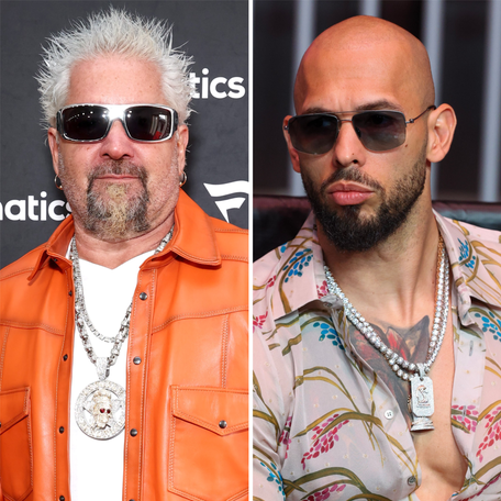 Guy Fieri, left, sparked backlash on social media after footage of him interacting with controversial influencer Andrew Tate went viral.