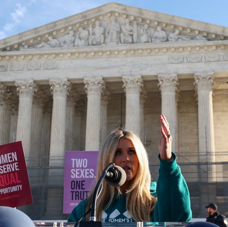 Conservative political activist Riley Gaines speaks outside the U.S. Supreme Court in Washington, DC, on Jan. 13, 2026.