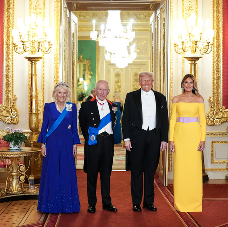 President Donald Trump, (2nd R) First Lady Melania Trump, (R) King Charles III and Queen Camilla (L) arrive for the State Banquet hosted by King Charles III and members of the Royal Family at Windsor Castle on September 17, 2025 in Windsor, England.
