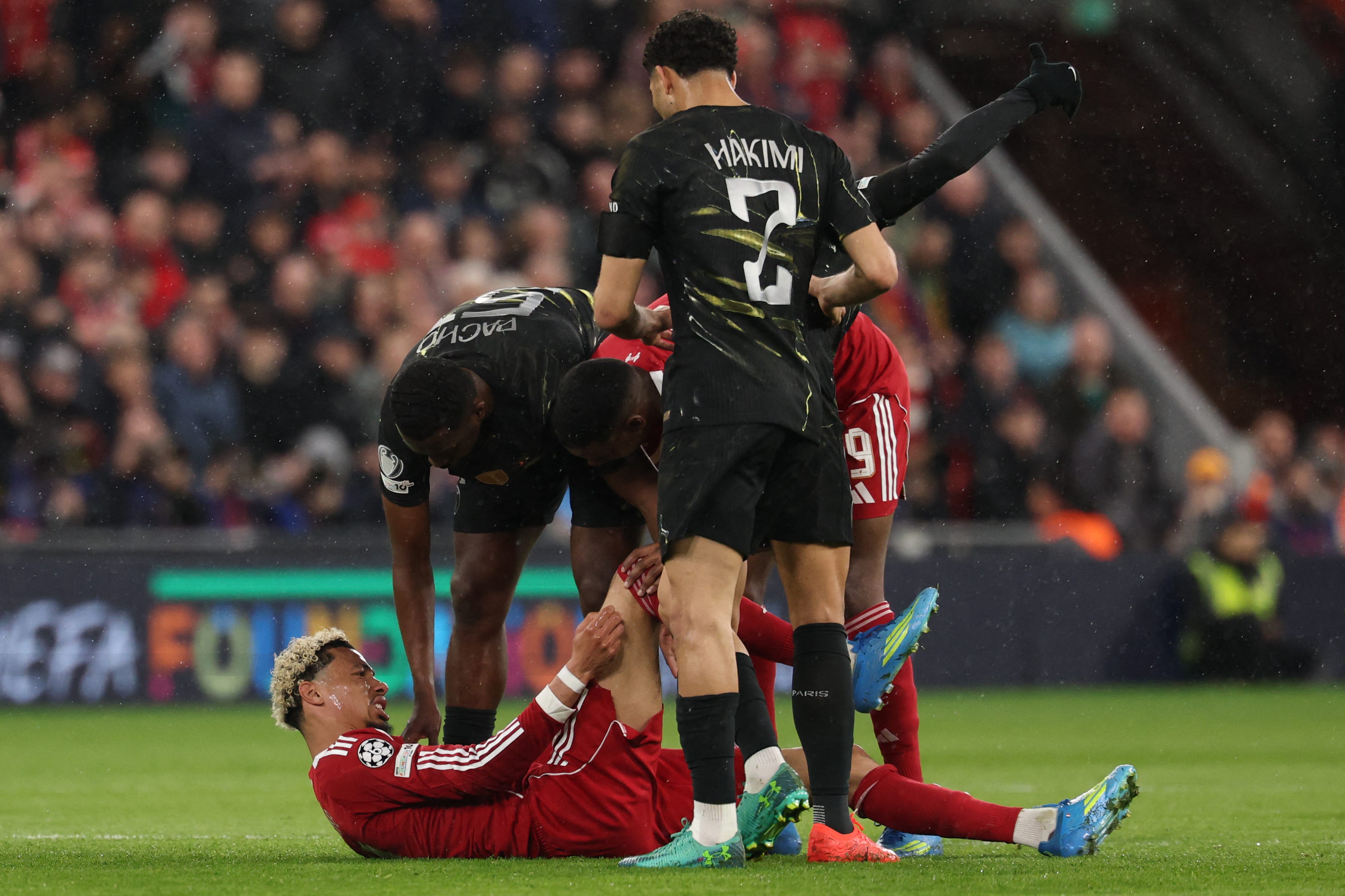 Liverpool star Hugo Ekitike was stretchered off with a non-contact injury in Tuesday's Champions League quarterfinal second leg against PSG.