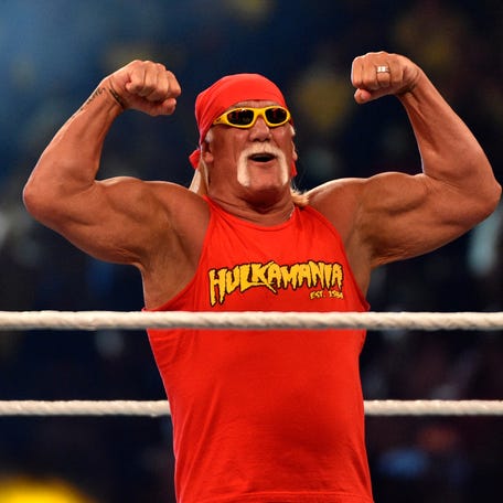 Hulk Hogan greets the crowd during WWE Crown Jewel pay-per-view at the King Saud University Stadium in Riyadh on November 2, 2018.