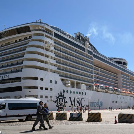 The cruise ship MSC Fantasia moored in the port of Montevideo on February 7, 2026.