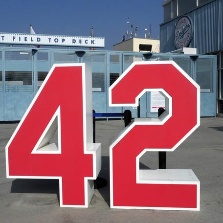 The No. 42 of former Brooklyn Dodgers star Jackie Robinson in the retired numbers plaza at Dodger Stadium.