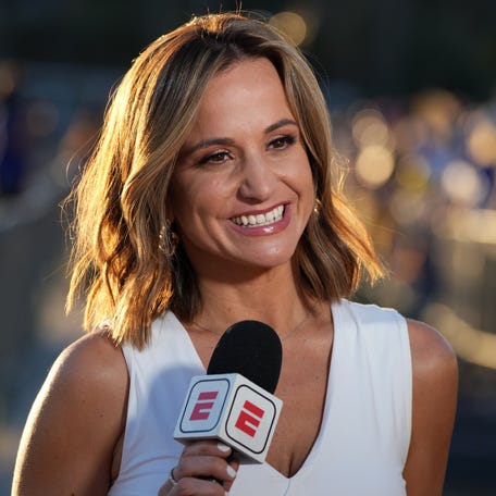 Feb 7, 2022; Westlake Village, CA, USA; ESPN reporter Dianna Russini at Los Angeles Rams Super Bowl LVI Opening Night at Oaks Christian High School. Mandatory Credit: Kirby Lee-USA TODAY Sports