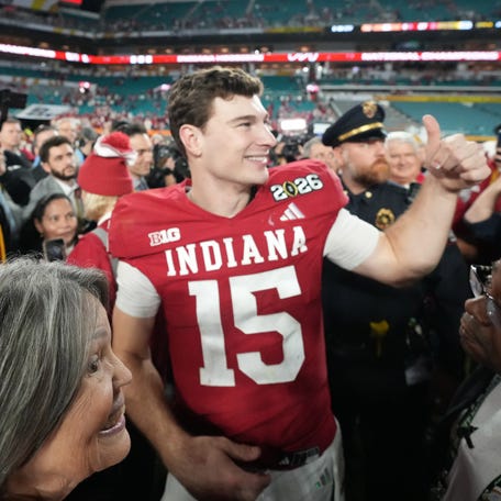 Indiana Hoosiers quarterback Fernando Mendoza celebrates after the CFP National Championship against the Miami Hurricanes on Jan. 19 at Hard Rock Stadium in Miami Gardens, Florida.
