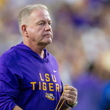 Oct 11, 2025; Baton Rouge, Louisiana, USA; LSU Tigers head coach Brian Kelly looks on against the South Carolina Gamecocks during the first half at Tiger Stadium. Mandatory Credit: Stephen Lew-Imagn Images