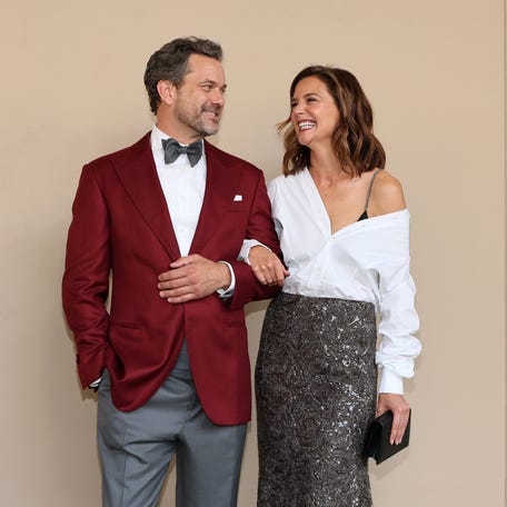 Joshua Jackson, left, and Katie Holmes attend the gala screening of "Brunello: The Gracious Visionary" at Lincoln Center on April 14, 2026, in New York City.