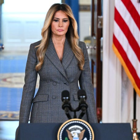 First lady Melania Trump arrives to a news conference about Jeffrey Epstein at the White House on April 9, 2026.