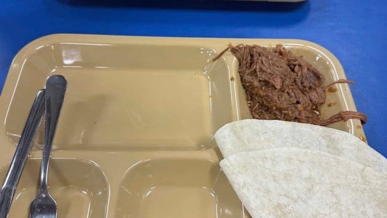 A picture shared by a US Marine deployed on the USS Tripoli of a meal service members on board received.