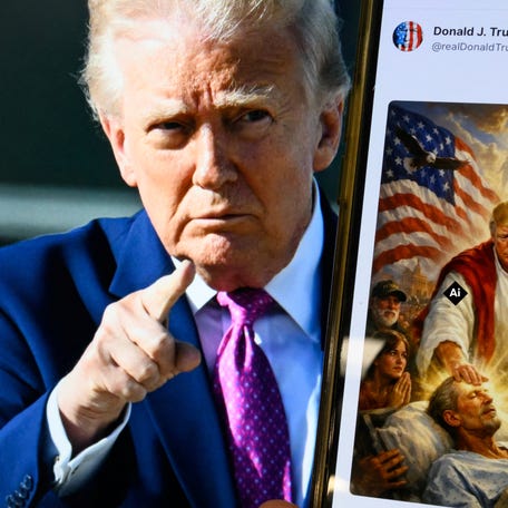 This photo illustration shows President Donald Trump on a screen and an AI-generated image he posted on his Truth Social platform depicting himself as Jesus Christ after criticizing Pope Leo XIV.