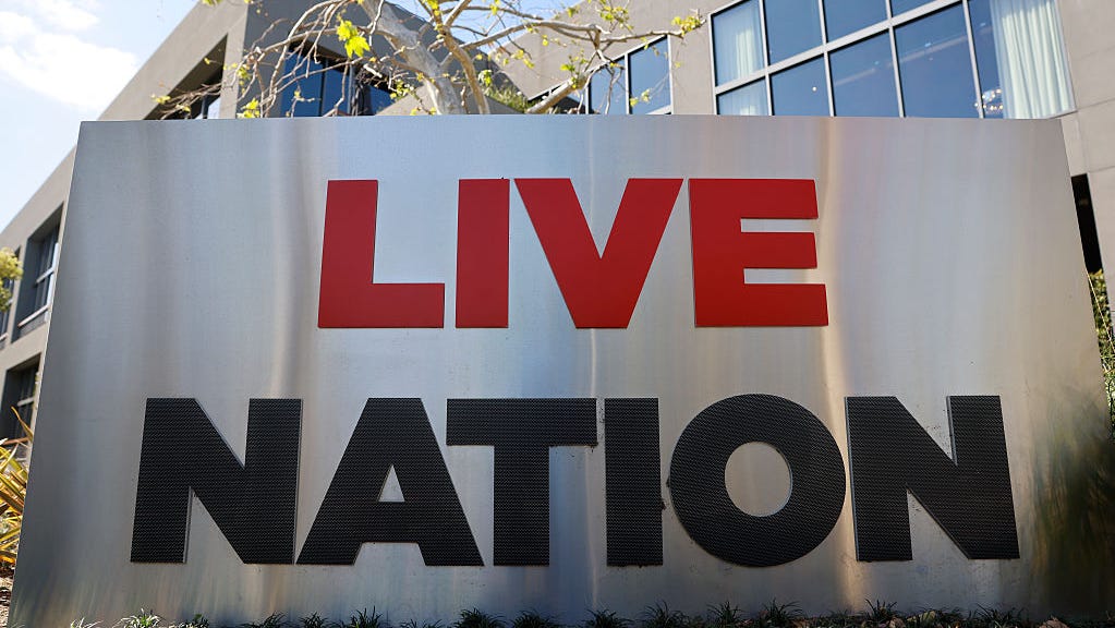 The Live Nation logo is displayed at a Live Nation corporate office on March 9, 2026 in Beverly Hills, California. Live Nation has reportedly reached a tentative settlement with the Department of Justice which would require Live Nation, the owner of Ticketmaster, to pay around $200 million in damages.