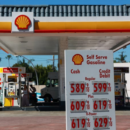 Prices at a gas station in West Hollywood, California. According to AAA, as of April 17, 2026, the national price for a gallon of regular gas is about $4.