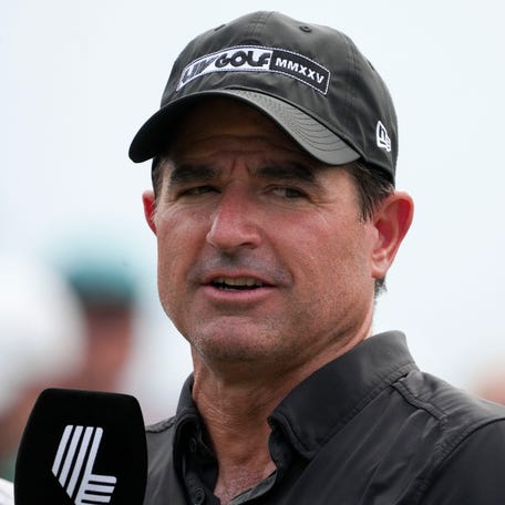 Scott O'Neil, LIV Golf CEO, takes part in an announcement Saturday, Aug. 16, 2025, during day two of LIV Golf Indianapolis at The Club at Chatham Hills in Westfield.