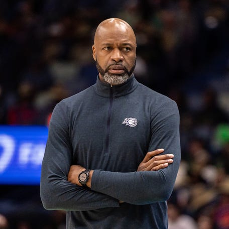Orlando Magic Head Coach Jamahl Mosley looks on looks on during the first half against the New Orleans Pelicans at Smoothie King Center on April 5, 2026.