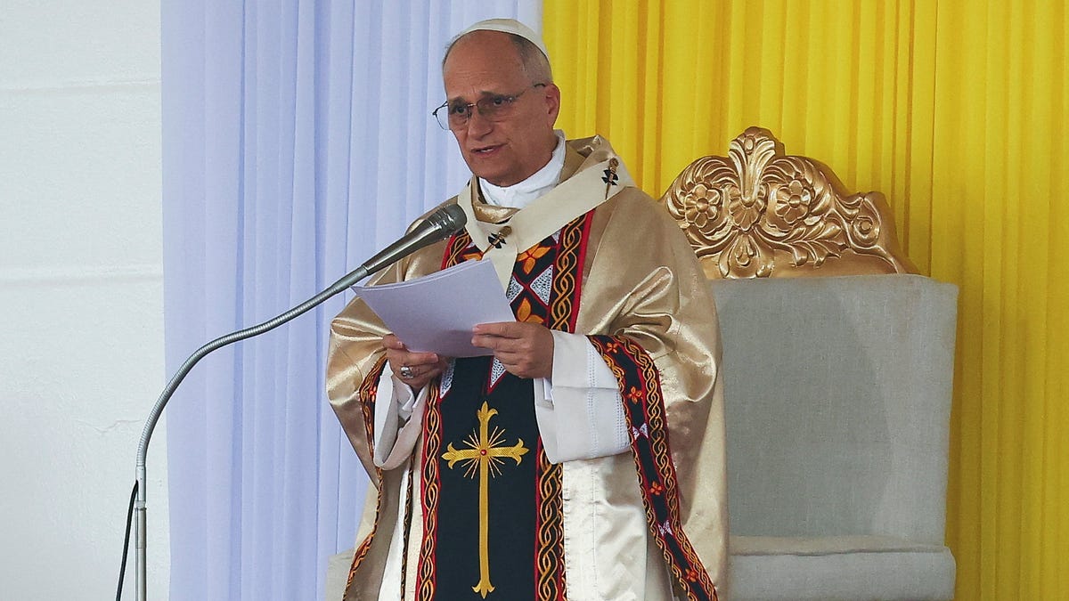 Pope Leo XIV holds a holy Mass for peace and justice at Bamenda airport in Bamenda, Cameroon, April 16, 2026.