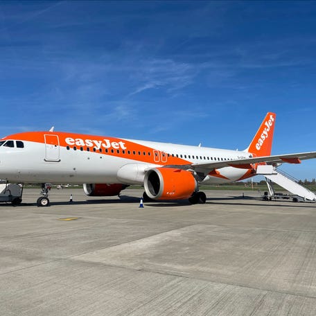 An easyJet Airbus plane stands on the tarmac at Southend London Airport, in Southend-on-Sea, Britain March 31, 2025.