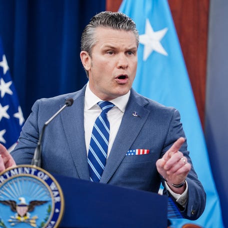 U.S. Secretary of Defense Pete Hegseth speaks during a briefing on the Iran war, at the Pentagon in Washington, D.C., U.S., April 16, 2026. REUTERS/Nathan Howard