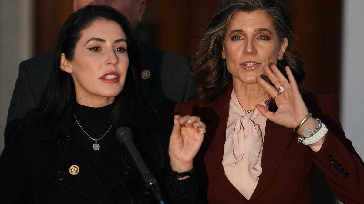 Rep. Anna Paulina Luna (R-FL) (L) and Rep. Nancy Mace (R-SC) speak to the media following former U.S. President Bill Clinton's closed-door deposition with the House Oversight Committee at the Chappaqua Performing Arts Center on February 27, 2026.