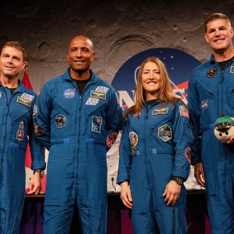 The four-member crew of the Artemis II Moon mission's Orion capsule, Reid Wiseman, Victor Glover, Christina Koch and Jeremy Hansen, pose for a picture during a press conference at NASA's Johnson Space Centre in Houston, Texas, U.S. April 16, 2026.