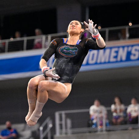 Florida gymnast Kayla DiCello performs on bars during semifinals for the 2026 NCAA Women’s Gymnastics National Championships at Dickies Arena on April 16, 2026 in Fort Worth, Texas.