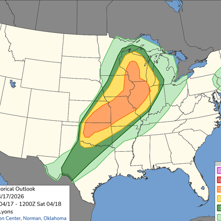 After repeated days of severe weather earlier in the week, the central United States was again at risk for thunderstorms, hail, destructive winds and a few tornadoes on April 17, according to the Storm Prediction Center.