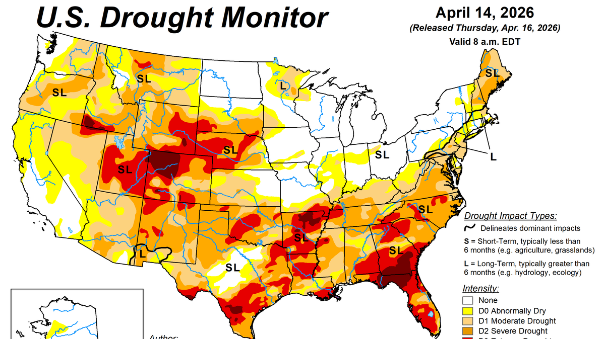 The most recent U.S. Drought Monitor map shows drought present in every U.S. state except for Alaska, North Dakota, Michigan, Connecticut, and Rhode Island.