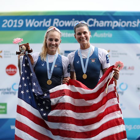 Cara Stawicki, right, and Margaret Bertasi of the USA won the gold medal in the lightweight women's pair at the 2019 World Rowing Championships in Linz, Austria.